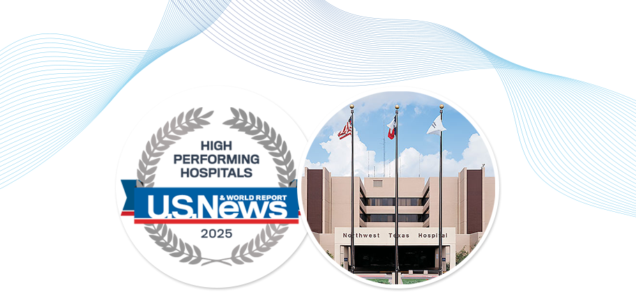 US News high performing hospital logo next to a picture of the hospital